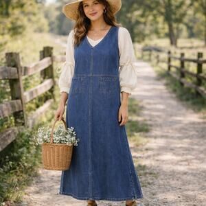 Erika & Co VTG SZ S 100% Cotton V Neck Denim Maxi Tank Dress With Front Pockets